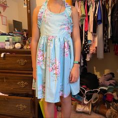 Approximately Size 10-12. Only Tried On. Never Worn. Nwt. Ties Around Neck And Waist. Very Lightweight And Comfortable! Blue Spring Dress For School, Blue Dress For School In Spring, Cute Blue Dress For Sleepover, Blue Fitted Dress For Sleepover, Floral Blouse Outfit, Girls Polka Dot Dress, Vintage Toddler Dress, Blue Sweater Dress, Old Navy Toddler Girl