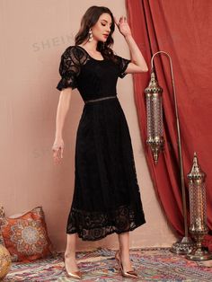 This chic and elegant dress features flounce sleeves, a feminine ruffle hem, and delicate lace details. Perfect for any occasion, this dress exudes sophistication and grace. The flounce sleeves add a touch of whimsy and the ruffle hem adds an eye-catching element. Color : Black Style : Elegant Details : Ruffle Hem, Eyelet Embroidery Type : A Line Pattern Type : Plain Sleeve Length : Short Sleeve Neckline : Scoop Neck Sleeve Type : Flounce Sleeve Hem Shaped : Flared Length : Long Fit Type : Regular Fit Fabric : Slight Stretch Material : Fabric Composition : 90% Polyamide, 10% Elastane Care Instructions : Hand wash,do not dry clean Body : Lined Sheer : Semi-Sheer Lining : 89% Polyester, 11% Elastane Size US Bicep Length Bust Cuff Hip Size Length Shoulder Sleeve Length Waist Size XS 2 16.9 34 Elegant Dresses With Lace Bell Sleeves, Elegant Dresses With Ruffle Hem And Flutter Sleeves, Fitted Dress With Lace Bell Sleeves, Fitted Midi Length Dresses With Lace Cuffs, Elegant Summer Lace Dress With Lace Cuffs, Formal Feminine Lace Dress With Ruffles, Feminine Party Dresses With Lace Cuffs, Elegant Midi Dress With Flutter Sleeves And Ruffle Hem, Elegant Lace Trim Fit And Flare Dress