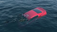 a red car is submerged in the water near an object that appears to be floating on it's side