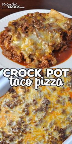 two pictures of different types of food on plates with the words crock pot taco pizza