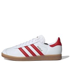 Shop adidas Gazelle Leather 'White Red Gum' IH0377 at KICKS CREW — your go-to for authentic, stylish sneakers. Whether for fashion, performance, or collection, find your perfect pair with us. Adidas Red Sneakers With Three Stripes, Red Adidas Sneakers With Round Toe, Red Adidas Sneakers With Three Stripes, Red Adidas Leather Sneakers, White Leather Sneakers With Three Stripes, Adidas Red Three Stripes Sneakers, Fashion Performance, Adidas Gazelle, Stylish Sneakers