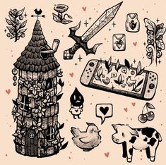 an image of various items that are drawn in black and white on a light pink background