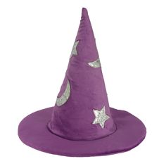 a purple witches hat with silver stars on it