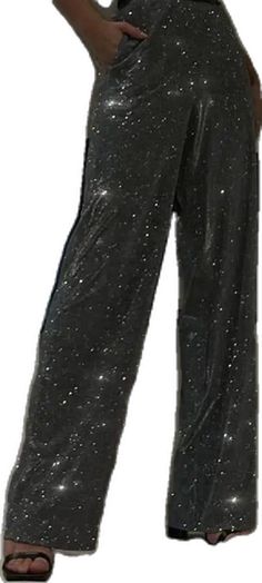 Glamorous Black Glitter Pants, Black Glitter Bottoms For Evening, Black Glitter Party Bottoms, Glitter Wide-leg Evening Bottoms, Elegant Wide Leg Glitter Pants, Glamorous Wide-leg Glitter Pants, Holiday Party Wide Leg Pants, Wide Leg Pants For Holiday Parties, Glamorous Wide Leg Glitter Pants