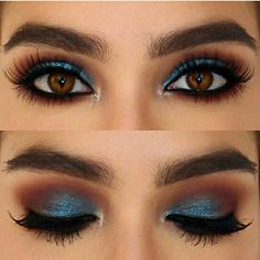 Marron Makeup Ideas, January Makeup Looks, Make Up Inspo Brown Eyes, Blue Eyeliner Makeup Brown Eyes, Bright Makeup Looks Eyeshadows, Blue Eyeshadow Brown Eyes, Pop Of Color Eyeshadow, Make Brown Eyes Pop, Blue Eyeshadow For Brown Eyes