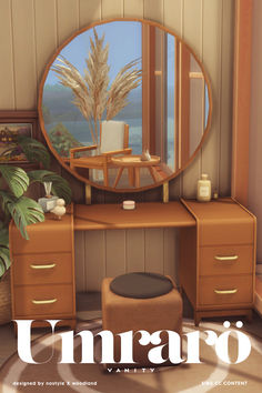 an image of a vanity with mirror and stool in the room that has plants on it