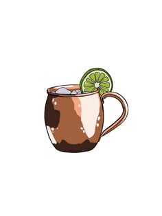 a brown and white mug with a lime slice in it