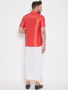 VM by Vastramay Men's Red and White Silk Blend Shirt and Mundu Set Embrace sophistication and tradition with this classic set from VM by Vastramay. This elegant ensemble features a red silk blend shirt and a white mundu, perfect for festive occasions, weddings, or adding a touch of cultural flair to your wardrobe. Key Features: Red silk blend shirt with a comfortable and stylish fit Short sleeves for a versatile look White mundu made from pure cotton for breathability Velcro closure for easy wea Half Shirts For Men, Formal Pant For Men, Mens Half Sleeve, Smart Casual Work, Men's Ethnic Wear, Work Formal, Half Shirts, Silk Bottoms, Boys Wear