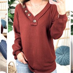 Details: Be The Fashion Icon You Wanna Be With This Cute And Cozy Waffle Knit V-Neck Button Top! Stay Toasty And Stylish This Season With Its Unique Brushed Waffle Texture And Flattering V-Neck Design. Plus, The Added Button Detail Will Be Sure To Get You Tons Of Compliments. - Long Sleeves - Waffle Knit - Button Detail Content: 97% Polyester 3% Spandex Looking 4: Layering Layer Layers Layered Flirtly Hippie Bohemian Beachy Coachella Festival Brithday Present Gift Party Vacation Resort Vegas Cru V-neck Top With Buttons For Fall, Brown V-neck Top With Buttons, V-neck Button Top For Fall, V-neck Buttoned Tops For Fall, Winter V-neck Top With Buttons, Engagement Party Attire, Minimalist Gown, Boho Bridesmaid, Coachella Festival