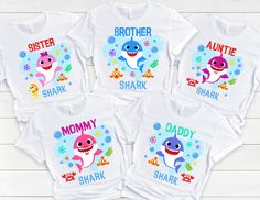 Shark Birthday Shirts  Please read all the info before placing your order. The price you see is per shirt, please read the size chart in the last pictures of listings before placing your order. How to order a shirt:  *Select the STYLE  *Select the SIZE  *Select the Quantity  *Add Personalization  *Add to cart  *Go back and Repeat for each size (if you need more than one shirt) SHIRTS INFO: *Color: White, 100% Cotton *Shirts are loose fit for unisex sizing, please see size chart for your most acc Baby Shark Birthday Shirts Family, Shark Shirts, Birthday Family Shirts, Birthday Group Shirts, Birthday T Shirts, Shark Shirt, Shark T Shirt, Shark Birthday, Bday Girl