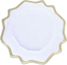 an empty white plate with gold trim