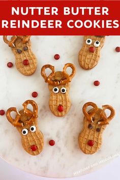 some pretzel reindeer cookies are on a plate