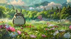 a cartoon character is standing in the middle of a field with flowers and trees behind him