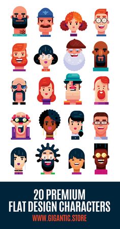 20 flat design characters in different styles and colors, with the text'20 premium flat design