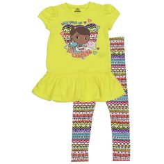 Up For Purchase Is A Brand New/ Nwt Disney's Doc Mcstuffins Shirt And Leggings. The Shirt Is Yellow With Short Capped Sleeves And A Skirted Hem. The Front Of The Shirt Has A Large Heart In A Tribal Print With Doc, Lambie & Stuffy And The Words "Daily Dose Of Caring". The Shirt Is Adorned With Hearts And A Touch Of Glitter. The Legging Have A Striped Tribal Print In Yellow, Pink, Purple And Blue. Fitted Cartoon Print Sets For Playwear, Playful Fitted Sets With Character Print, Yellow Playful Fitted Tops, Playful Fitted Yellow Tops, Fitted Playful Yellow Tops, Fitted Yellow Playful Tops, Cute Yellow Short Sleeve Clothing Sets, Playful Yellow Short Sleeve Sets, Cute Yellow Sets With Short Sleeves