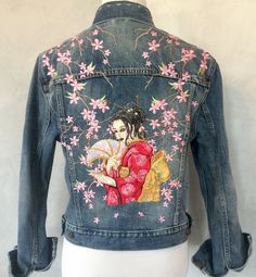 Large Embroidery Designs, Indigo Denim Jacket, Applique Jeans, Gap Denim Jacket, Painted Jacket