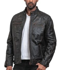 Men's Vintage Motorcycle Leather Jacket In Black Experience timeless style with our men's vintage motorcycle leather jacket. Crafted from premium sheepskin with a semi-aniline finish, this jacket offers durability and a sophisticated look. The inner viscose lining ensures comfort, while the distressed biker design adds an edge. Featuring a zipper closure, band collar, and snap button cuffs, it's practical too, with multiple zip pockets inside and out for convenience. Outer Shell: Genuine Leather Leather Type: Sheepskin Leather Finish: Semi-aniline Inner Shell: Viscose Lining Features: Quillted Shoulder With Distressed Biker Look Closure Style: Zipper Collar Style: Band Cuffs Style: Snap Button Inside Pockets: One Outside Pockets: Two Side Zip Pockets And Two Breast Zip Pockets Color: Black Rugged Leather Jacket For Biker Events In Winter, Rugged Leather Jacket For Winter Biker Events, Classic Distressed Brown Leather Jacket For Winter, Classic Winter Leather Jacket In Distressed Brown, Rugged Leather Outerwear For Biker Events, Distressed Brown Leather Outerwear For Biker Events, Distressed Brown Leather Outerwear For Bikers, Rugged Leather Jacket For Winter Motorcycling, Rugged Leather Jacket For Motorcycling In Winter