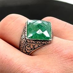 Men Handmade Ring , Square Emerald Stone Ring ,  Green Stone Ring ,  Engraved Sterling Silver Vintage Ring , Anniversary Gifts for Him ★Item Details * Gender : Male / Female * Material : 925K Sterling Silver * Gemstone : Emerald Stone * Total weight :  17 Grams ✔ Ready to Ship in 1-2 Business Days .. ✔ Shipped to the Worldwide 1-5 business days with free shipping... ✔ The product will be sent to you with a handmade wooden box to avoid any damage during shipping... ✔ Visit our store, browse other Antique Handmade Emerald Ring As A Gift, Engraved Green Emerald Ring As Gift, Antique Handmade Emerald Ring As Gift, Handmade Antique Emerald Ring As Gift, Handmade Antique Emerald Ring For A Gift, Green Carved Rings Perfect For Gifts, Antique Handmade Emerald Ring Gift, Green Carved Rings For Anniversary, Handmade Green Signet Ring For Anniversary