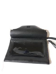 "Vintage vegan patent leather and vegan leather (mixed materials) black women bag/briefcase/shoulder bag. Portfolio business bag. Case document holder. Casual student purse. Non adjustable strap. 3 large open compartments inside and 1 frontal compartment. This portable purse is 90s fashion and elegant accessory. condition: In good vintage condition. Measures: Width: 32 cm/ 12.5\" in Height: 20,5 cm/ 8\" in strap length 95 cm / 37.1\" in" Black Evening Shoulder Bag With Interior Card Slots, Black Clutch Bag With Interior Card Slots, Black Evening Bag With Interior Card Slots, Business Clutch With Interior Card Slots In Black, Black Clutch With Interior Card Slots For Business, Rectangular Office Clutch With Interior Card Slots, Black Business Clutch With Interior Card Slots, Formal Black Shoulder Bag With Interior Card Slots, Black Crossbody Shoulder Bag With Interior Card Slots