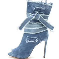 Step into style with these Women's Peep Toe Stiletto Heel Booties. The distressed denim and strap detailing add a trendy touch to these fashionable ankle boots. Color: Blue Material: Denim Heel Type: Stiletto heel Heel height: 4.53" / 115 mm approx Product measurements were taken using size 8. Please note that measurements may vary by size. Toe: Peep toe The denim booties feature a heavily distressed. Handcrafted US sizing. Fits true to size. Edgy Boots, Fashion London, Shoes Jeans, Denim Heels, Prom Dress Shoes, Denim Outfits, Denim Boots, Blue Boots, Classy Aesthetic