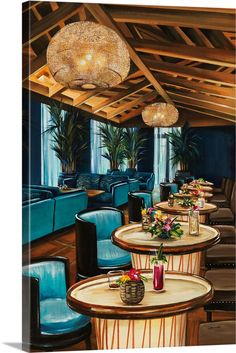 a painting of a restaurant with blue chairs and tables