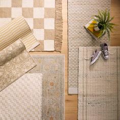 various rugs and carpet samples laid out on a wooden floor with plant in the middle