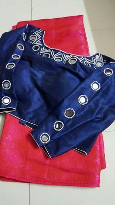 Blue Blue Blouse Mirror Work Designs, Blouse Border Designs Latest, Neck Mirror Work Design, Indian Blouse Designs Latest Simple, Kasula Work Blouse Designs, Aari Work Blouse Neck Designs, Mirror Aari Work Blouse Design, Blue Mirror Work Blouse, Mirror Work Saree Blouse