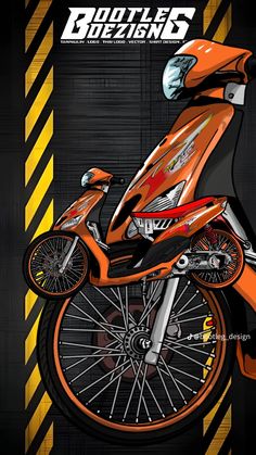 an orange and black motorcycle parked in front of a garage door with the words dotless designs on it