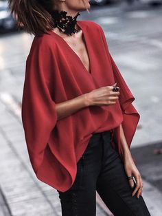 Loose Batwing Sleeves Solid Color V-Neck Blouses & Shirts Tops WHITE-XL Batwing Sleeve Blouse, Going Out Shirts, Bat Sleeve, Looks Street Style, Ținută Casual, Mode Inspo, Solid Clothes, Fashion 2018, V Neck Blouse