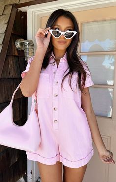 It's the one and done outfits for us, and this candy pink denim romper brings the cool! Roll up the hem for a shorter style or wear 'em long. Throw on a Lack of Color hat and cowboy boots and you are good to go! Pink Denim Romper, Outfits With Boots, Pink 2023, Outfits Matching, One And Done, Pink Romper, Rainbow Outfit, Pink Denim, Fashionable Clothes