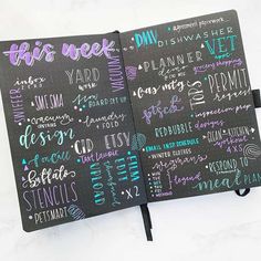 a black notebook with writing on it and the words'this week'written in different languages