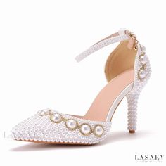 Lasaky - Exquisite Pearl-Embellished Ankle Strap Pointed Toe Stiletto Sandals - White - A Perfect Blend of Luxury and Elegance White Stilettos, Lace Top Dress, Stiletto Sandals, Evening Shoes, Stiletto Pumps, Toe Designs, Ankle Straps, High Heel Sandals, Shoe Collection