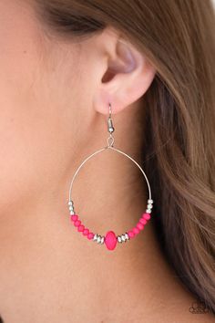 Dainty pink and silver beads slide along the bottom of a silver wire hoop for a seasonal flair. Earring attaches to a standard fishhook fitting.

 Sold as one pair of earrings. Hot Pink Earrings, Pink And Silver, Pink Box, Paparazzi Accessories, Affordable Jewelry, Paparazzi Jewelry, Pink Earrings, Silver Wire, Silver Beads