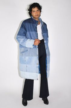 Medium Wash Cotton Outerwear With Patchwork, Cotton Patchwork Outerwear In Medium Wash, Medium Wash Oversized Outerwear With Patchwork, Oversized Medium Wash Outerwear With Patchwork, Indigo Cotton Patchwork Outerwear, Oversized Blue Recycled Denim Outerwear, Winter Patchwork Denim Jacket In Recycled Denim, Denim Blue Patchwork Outerwear In Recycled Denim, Denim Blue Patchwork Outerwear From Recycled Denim