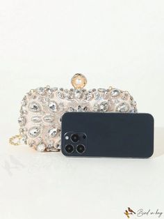 BirdinBag - Glamorous Rhinestone Decor Box Bag: Mini Clutch for Party Silver Rectangular Evening Bag, Rectangular Clutch With Rhinestones, Color Champagne, Rhinestone Decor, Box Bag, Mini Fashion, Handle Bag, All Over Print, Top Handle