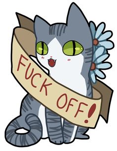 a gray cat with green eyes holding a sign that says, f u k off