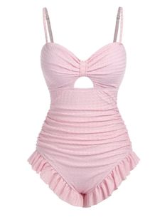 Vintage Summer Outfits 1950s, Light Pink Bathing Suit, Vintage Inspired Swimsuit, Retro Stage, Pink Bathing Suits, Ruched Swimsuit, Retro Swimsuit, Standard Dress