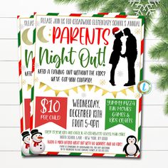 this is an image of a christmas party flyer with snowman and penguin on it