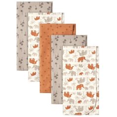 five napkins with elephants and palm trees on them, all in different colors or patterns