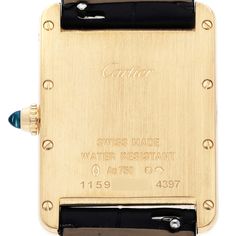 Cartier Tank Louis Yellow Gold Silver Dial Mens Watch WGTA0067 Box Card. Quartz movement. 18k yellow gold case 33.7 x 25.5 mm. Circular grained crown set with a blue sapphire cabochon. . Scratch resistant mineral crystal. Silvered grained dial with black Roman numeral hour markers and an inner minute track. Sword-shaped blued hands. Secret Cartier signature at VII. Black alligator leather strap with 18k yellow gold ardillon buckle. Rectangular Yellow Gold Watch Accessories For Formal Occasions, Luxury Gold Cartier Watch, Designer Yellow Gold Watches With Polished Finish, Vintage Cartier Gold Watch Accessories, Vintage Gold Cartier Watch Accessories, Luxury Yellow Gold Watch Accessories With Rectangular Dial, Gold Rectangular Watch With Box Clasp, Luxury Engraved Yellow Gold Watches, Luxury Yellow Gold Rectangular Watch