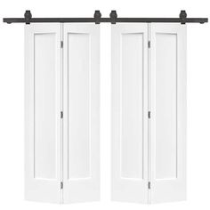 two white doors with black hardware on the top and bottom, open to reveal an image