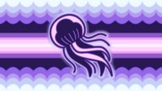 an image of a purple jellyfish on a blue and pink striped background with waves