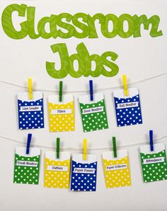 classroom jobs are hanging on clothes pins