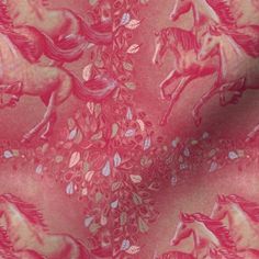 a red and white fabric with horses in the middle on top of it's pink background