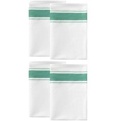 three white and green striped napkins on a white background