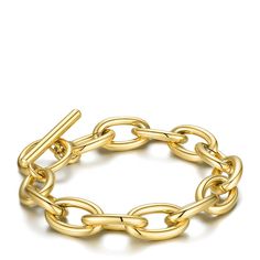 Introducing the Link Bracelet, a stylish and versatile piece of jewelry that is perfect for any occasion. This beautiful bracelet features large links and is crafted from high-quality materials and finished with 14K gold plating, giving it a luxurious and sophisticated look. At 7.9" in length, the Link Bracelet is the perfect size for most wrists. Its large links make it a statement piece that is sure to catch the eye of anyone who sees it. The toggle lock ensures that the bracelet stays securel Formal Gold Bracelet With Chunky Oval Link Chain, Formal Yellow Gold Bracelet With Chunky Chain, Formal Yellow Gold Chunky Chain Bracelets, Chic Oval Link Chain Bracelet For Formal Occasions, Yellow Gold Bracelet With Chain Link Strap, Modern Gold-tone Chunky Chain Bracelet, Gold Formal Chain Link Bracelet, Formal Gold Chain Link Bracelet, Formal Gold Link Paperclip Bracelet