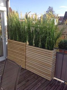 a wooden deck with chairs and plants on it