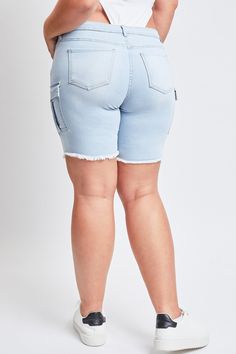 Who says shorts actually have to be short? Our Women’s Plus Low Rise Cargo Bermuda Shorts with Frayed Hem will have you ready to heat things up. This low-waisted denim short features flap cargo pockets at the side and a raw hem for a true utilitarian look. Wear these jean utility Bermudas with a crop top and sneakers, or dress them up with a bodysuit and heeled sandals for a sultry vibe! Product Details:- Low-Rise- Single-button- Front Closure with Zipper - 5-Pocket Construction- 2 Flap Cargo Po Plus Size Low Rise, Cargo Bermuda Shorts, Ymi Jeans, Blue Q, Media Management, Curvy Women Jeans, Low Waisted, Denim Short, Curvy Girl Outfits