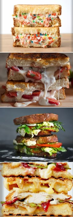 four different sandwiches stacked on top of each other