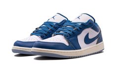 The Air Jordan 1 Low SE “Industrial Blue” is a classic-looking colorway of the retro basketball shoe.  Released in 2024, the Jordan 1 Low SE “Industrial Blue” features a white leather base and Industrial Blue leather overlays and Swoosh branding.  An old school “Wings” logo is embroidered on the heel and blue Jumpman is found on the tongue.  The laces and inner lining have an Industrial Blue finish.  Underfoot, a Sail rubber midsole and a grey rubber outsole complete the look.  Release date: Apr Jordan 1 Low Azul, Industrial Blue, Retro Basketball Shoes, Blue Jordans, Retro Basketball, Wings Logo, Stadium Goods, Air Jordan 1 Low, Jordan 1 Low